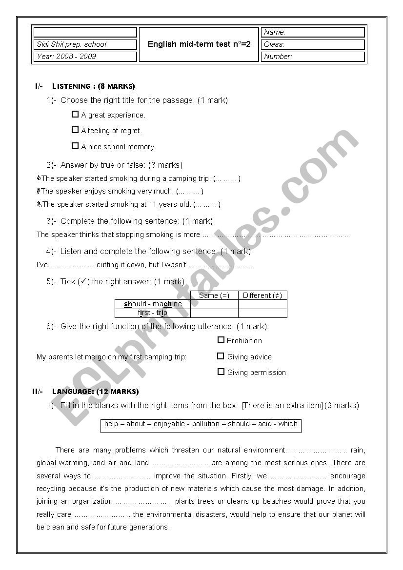 mid term test n2 9th form worksheet