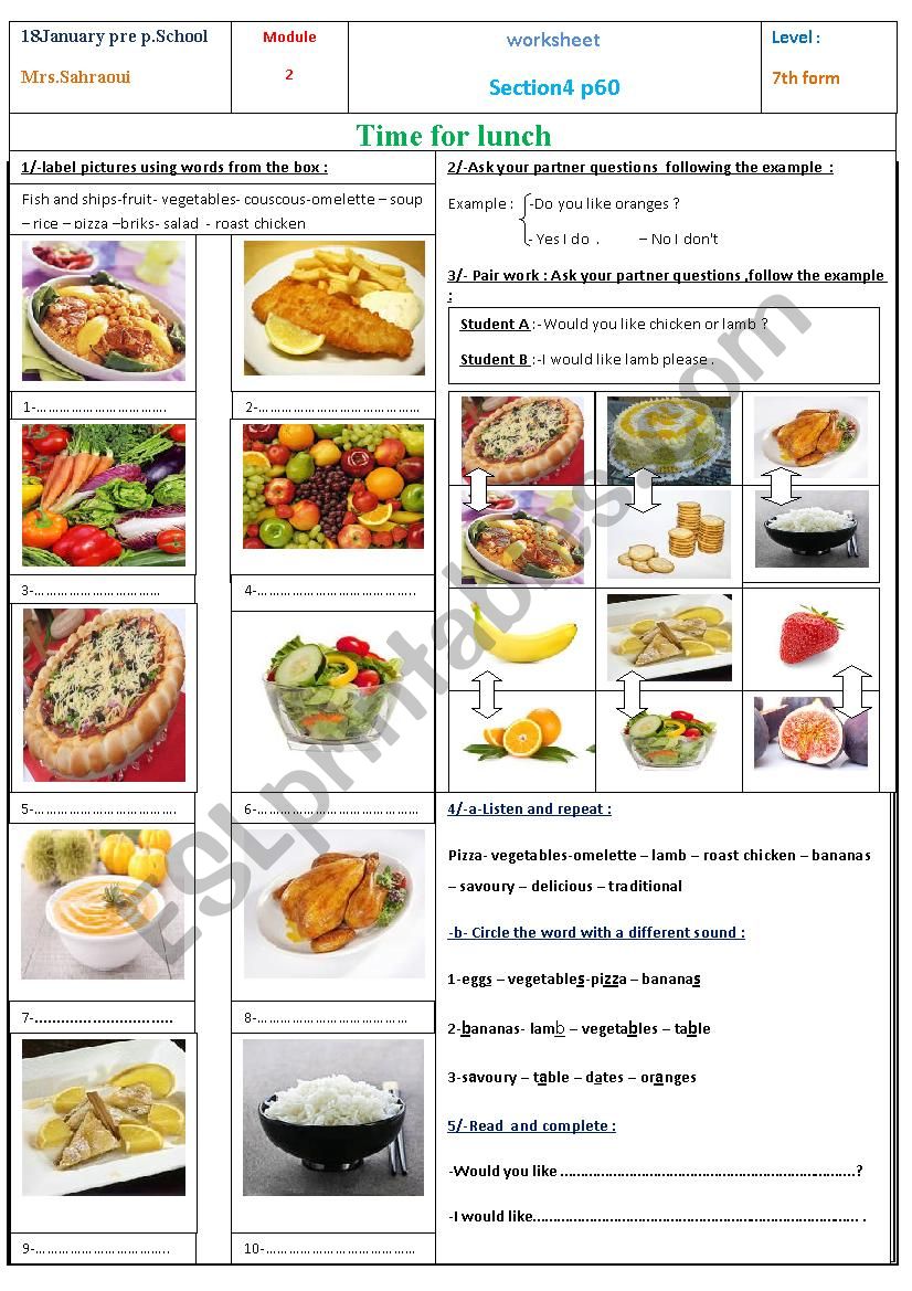 Time for lunch part 1 worksheet