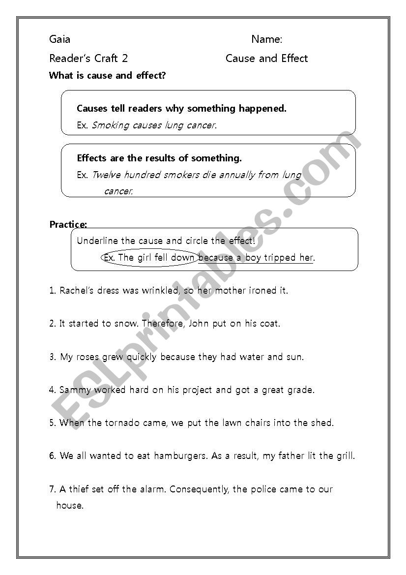 Cause and Effect worksheet