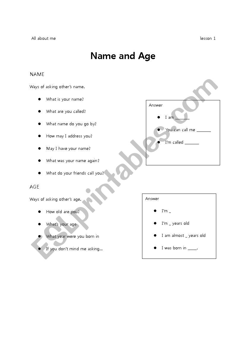 All about me. Asking otherÂ´s age and name 