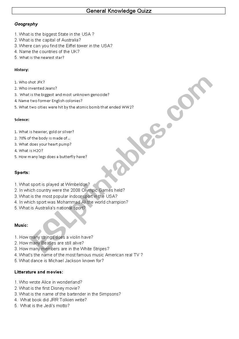 General Knowledge Quizz worksheet