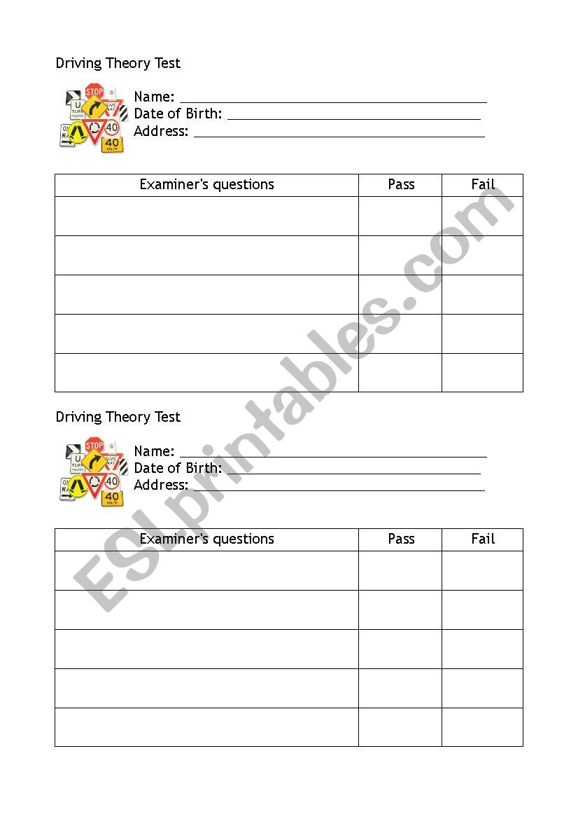 Driving theory test worksheet