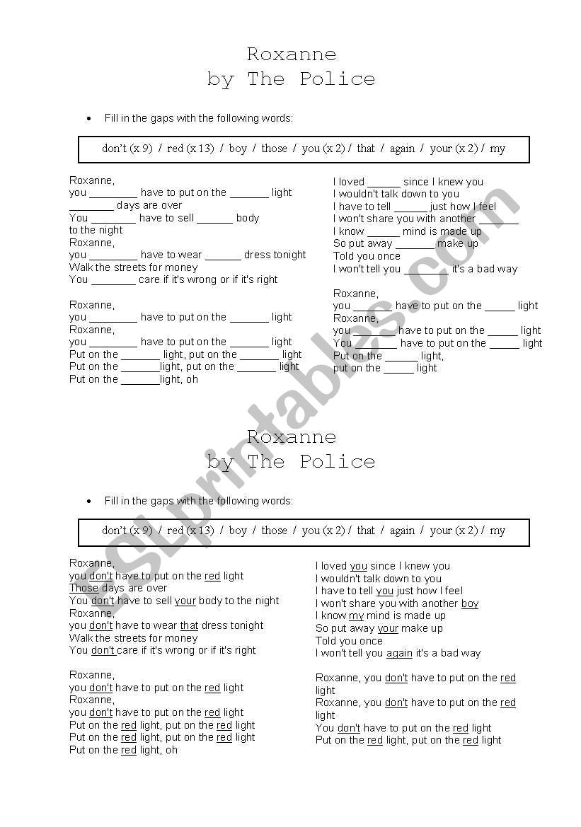 song activity, Roxanne by The Police