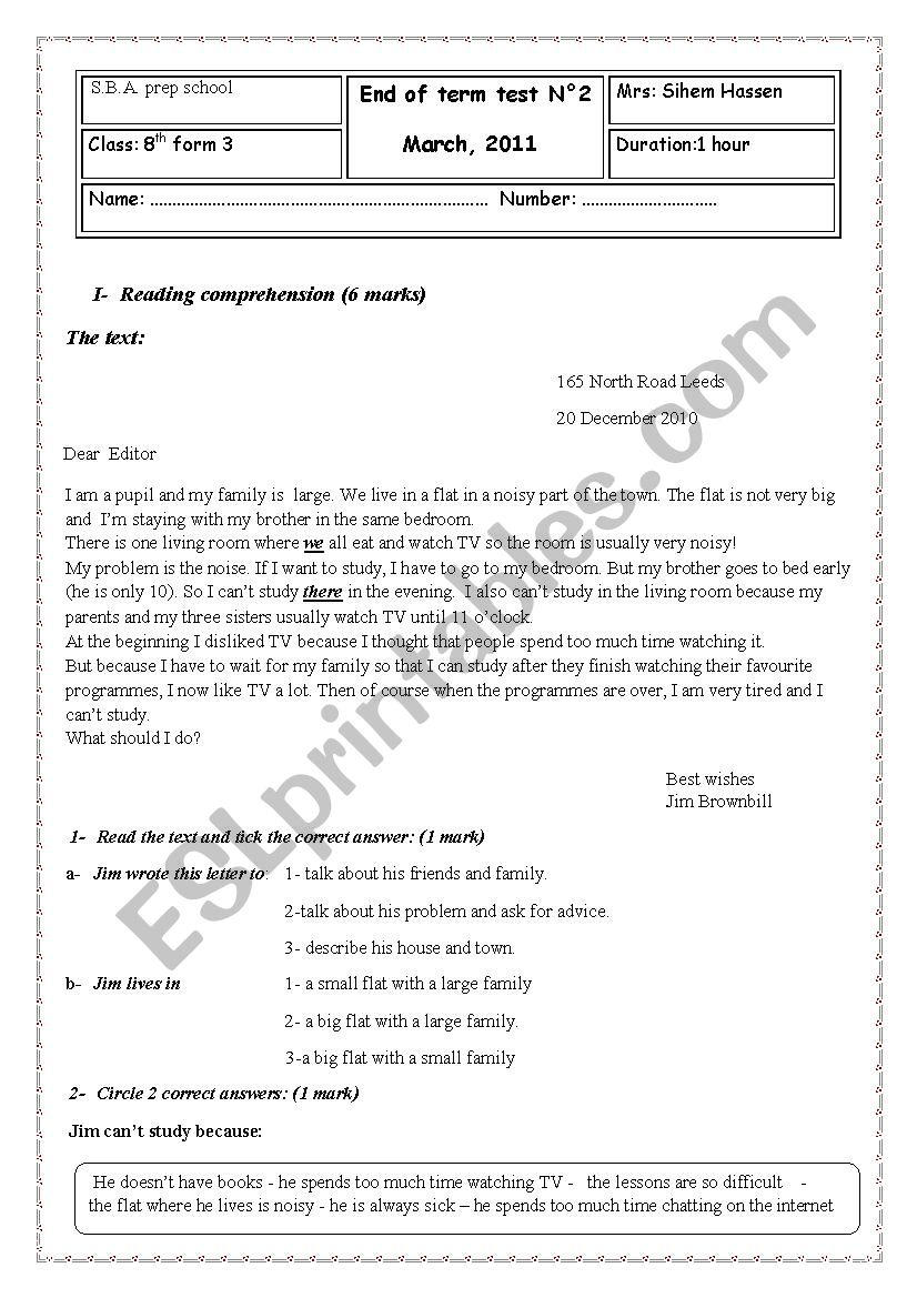 End of term test, 8th form  worksheet