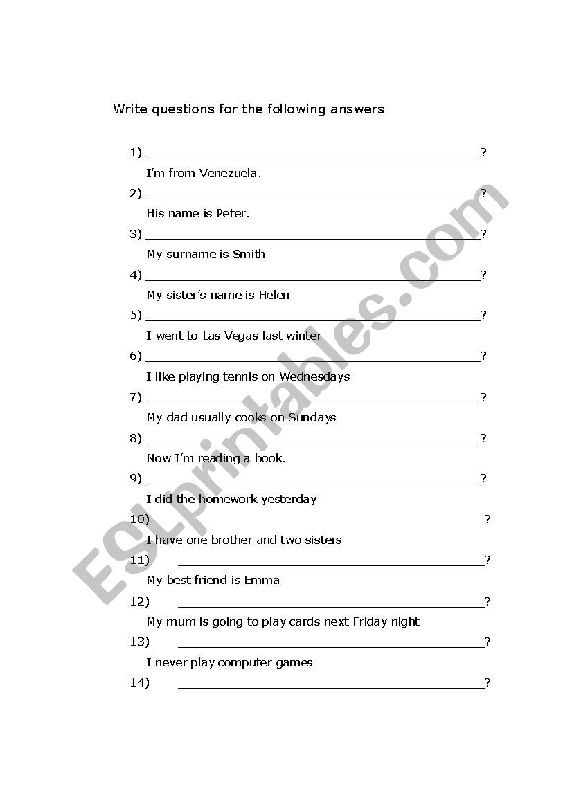 Write questions worksheet