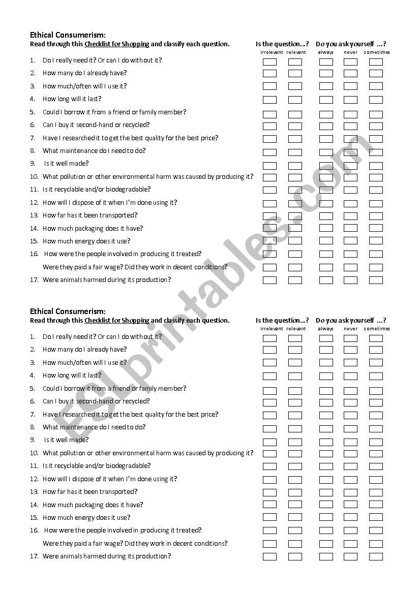 Consumer society: checklist for ethical consumerism