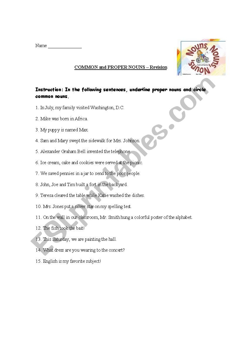 Nouns Revision worksheet