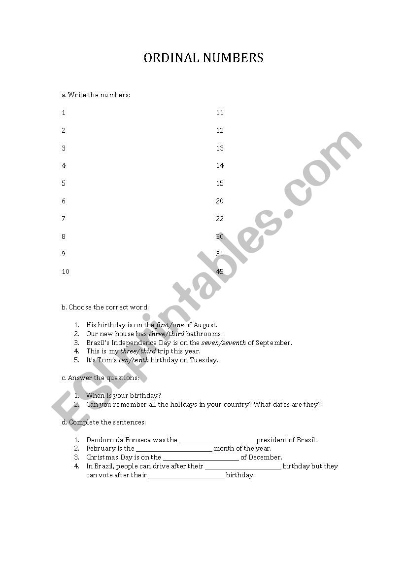 Ordinal numbers worksheet