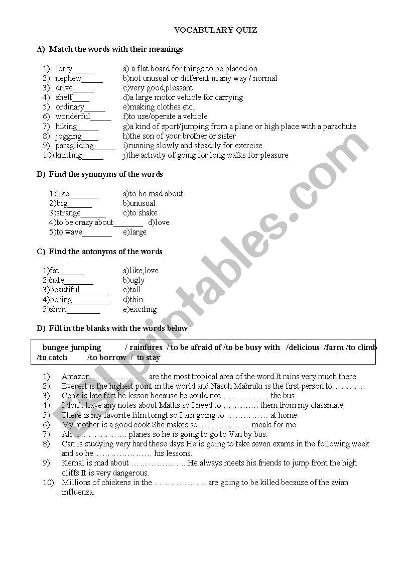 VOCABULARY QUIZ worksheet