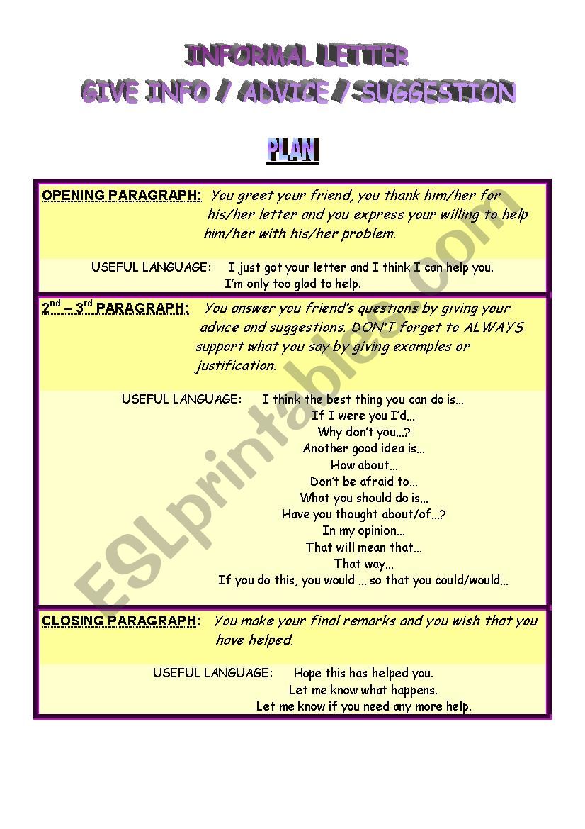 INFORMAL LETTER OF GIVING INFO-ADVICE-SUGGESTION