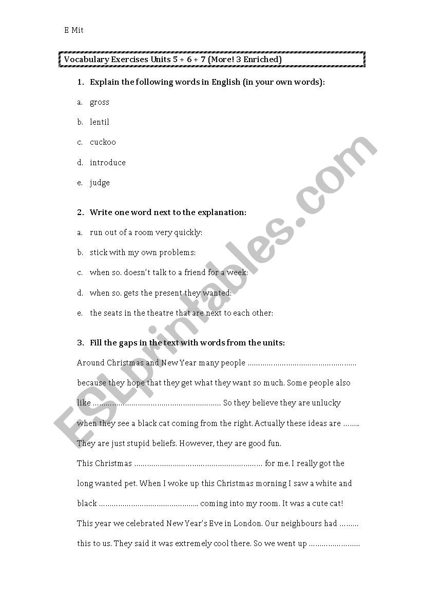 Vocabulary Exercises Units 5-7 (More! 3 Enriched) with key