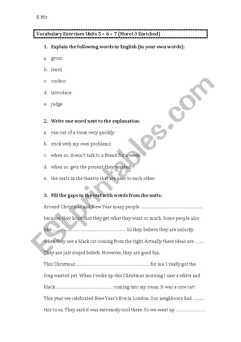 Vocabulary Exercises Units 5-7 (More 3! Enriched) with key