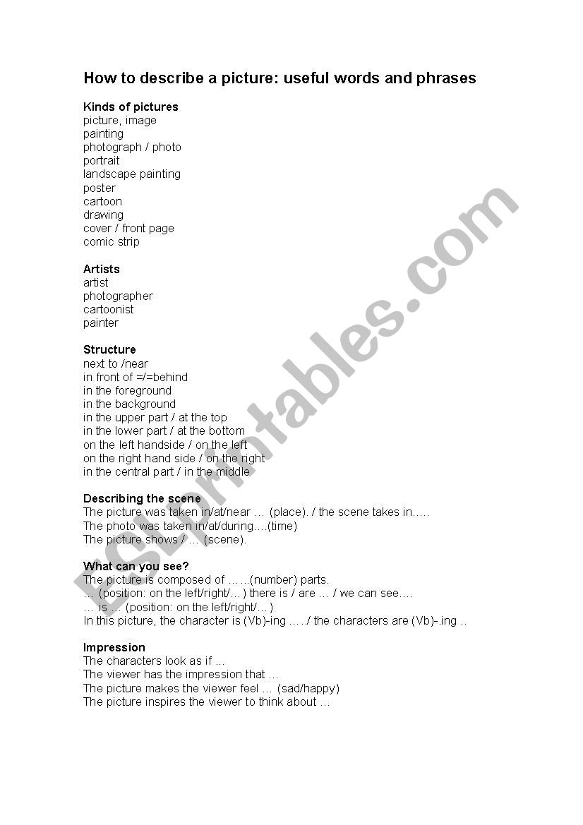 How to describe a picture worksheet