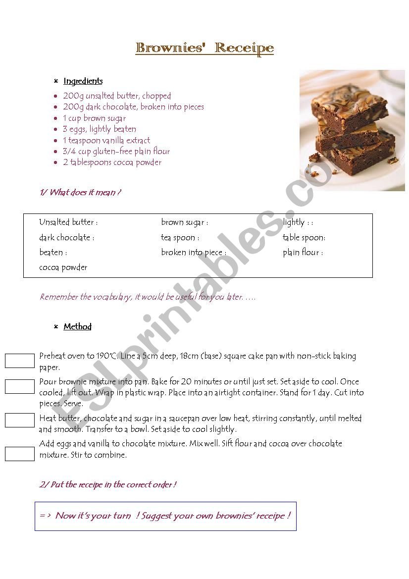 Brownies receipe worksheet