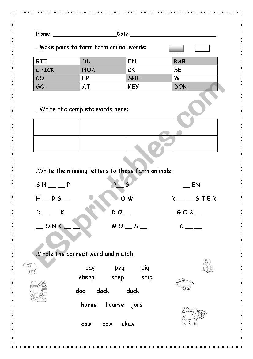 Farm animals worksheet