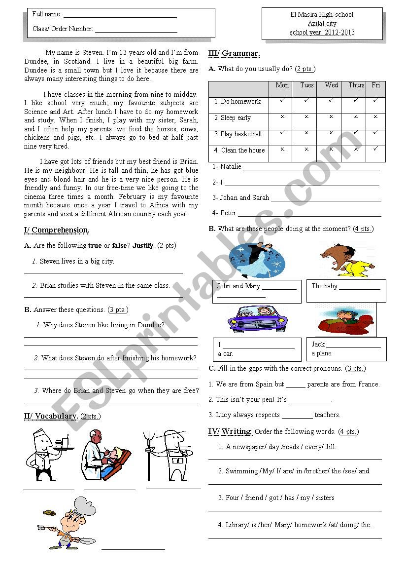Test/ Exam worksheet
