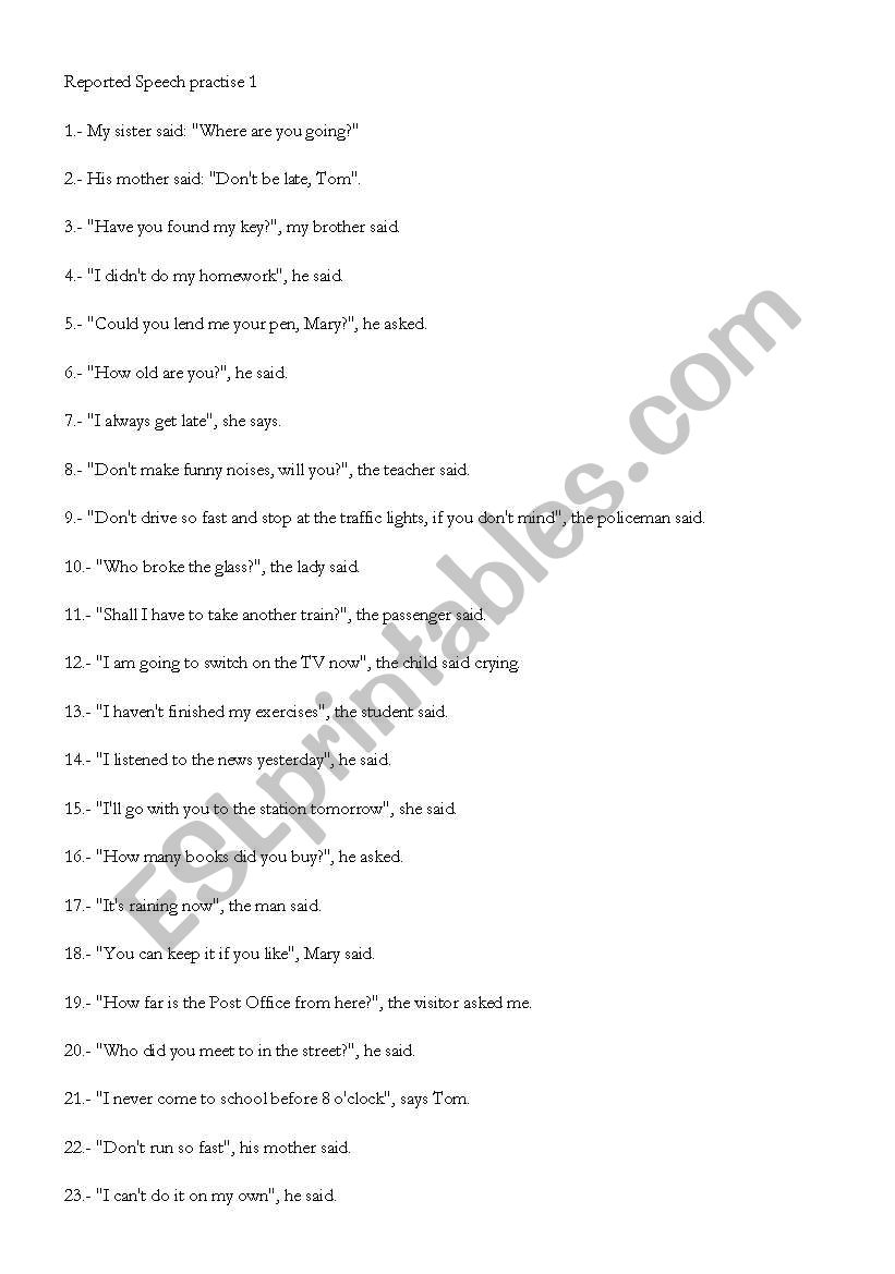 reported speech 1 worksheet