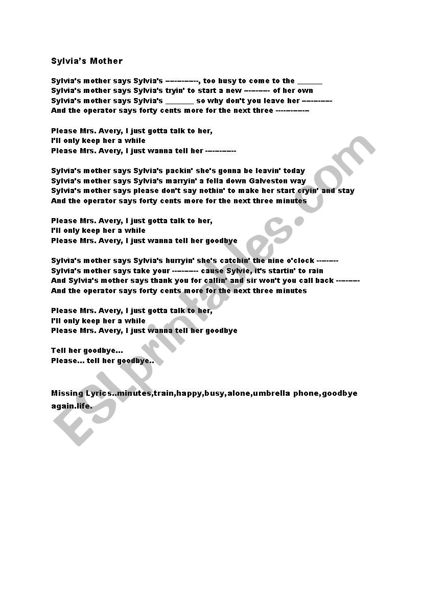 Sylvias Mother..song worksheet