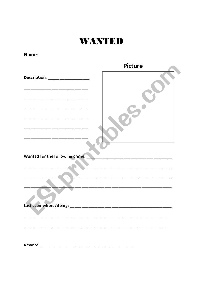 Wanted poster worksheet