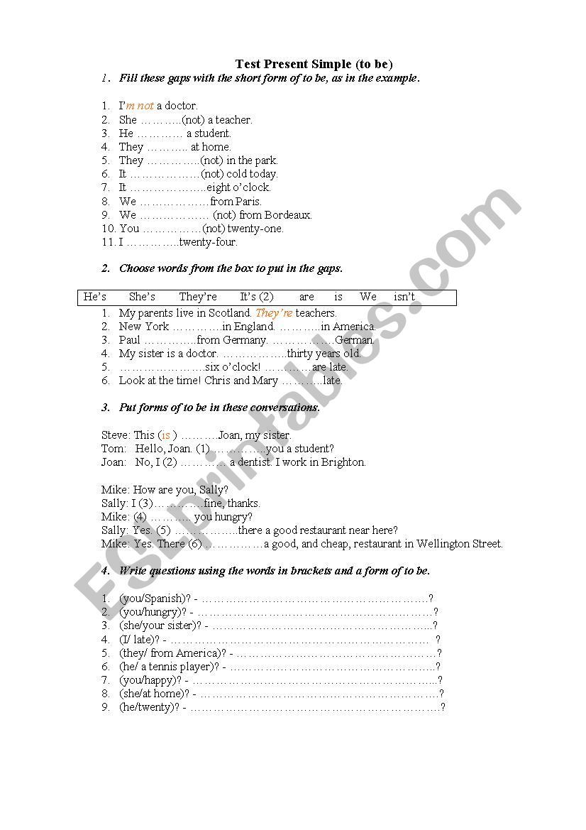 present simple (to be) worksheet