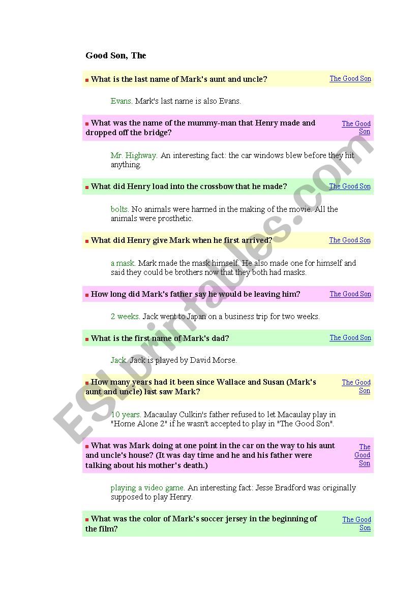THE GOOD SON QUIZ worksheet