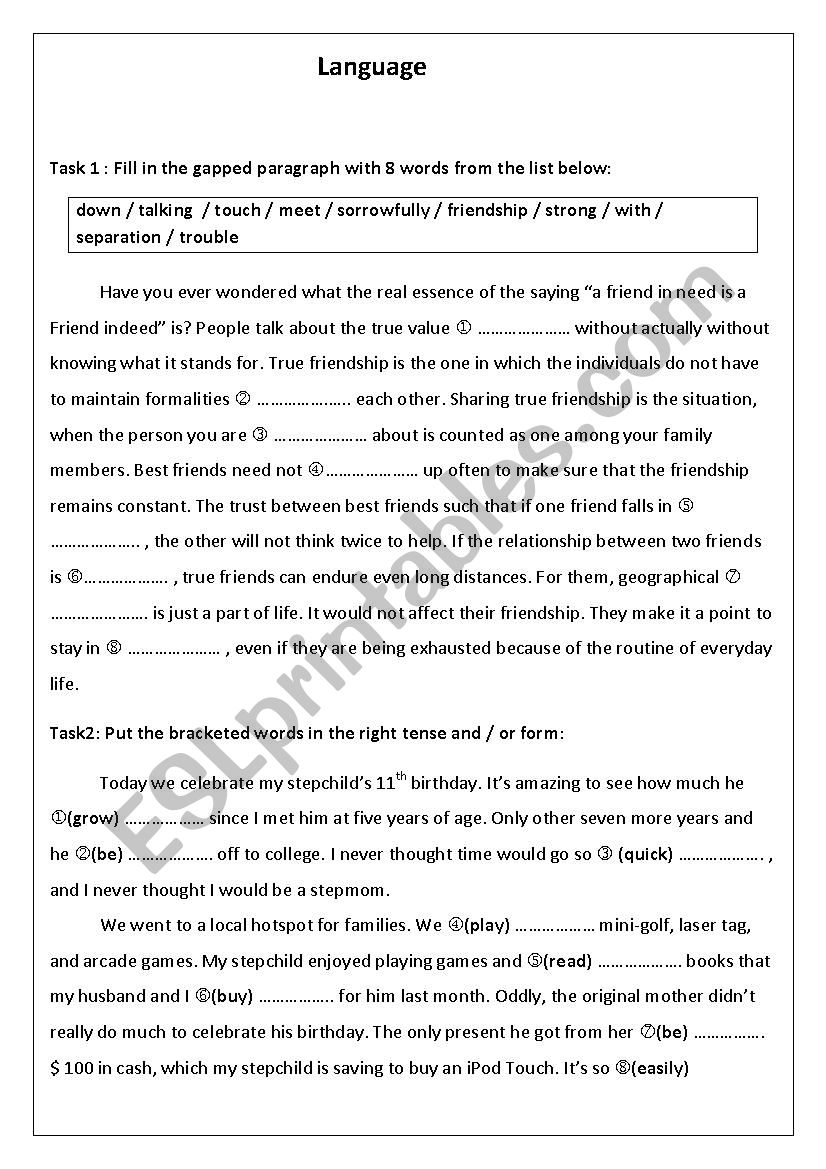 second form tasks worksheet