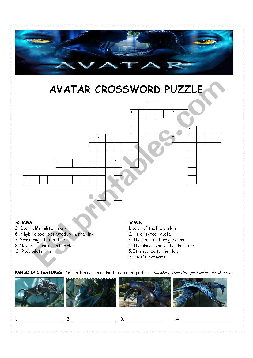 Avatar Crossword worksheet