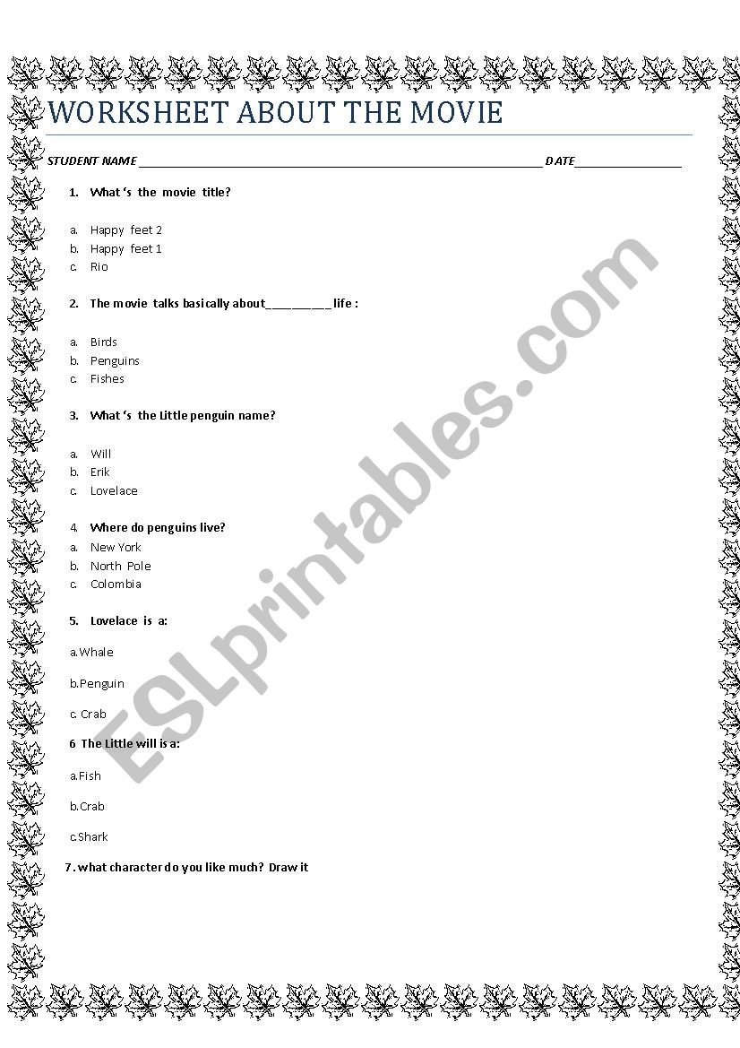 movie happy feet worksheet