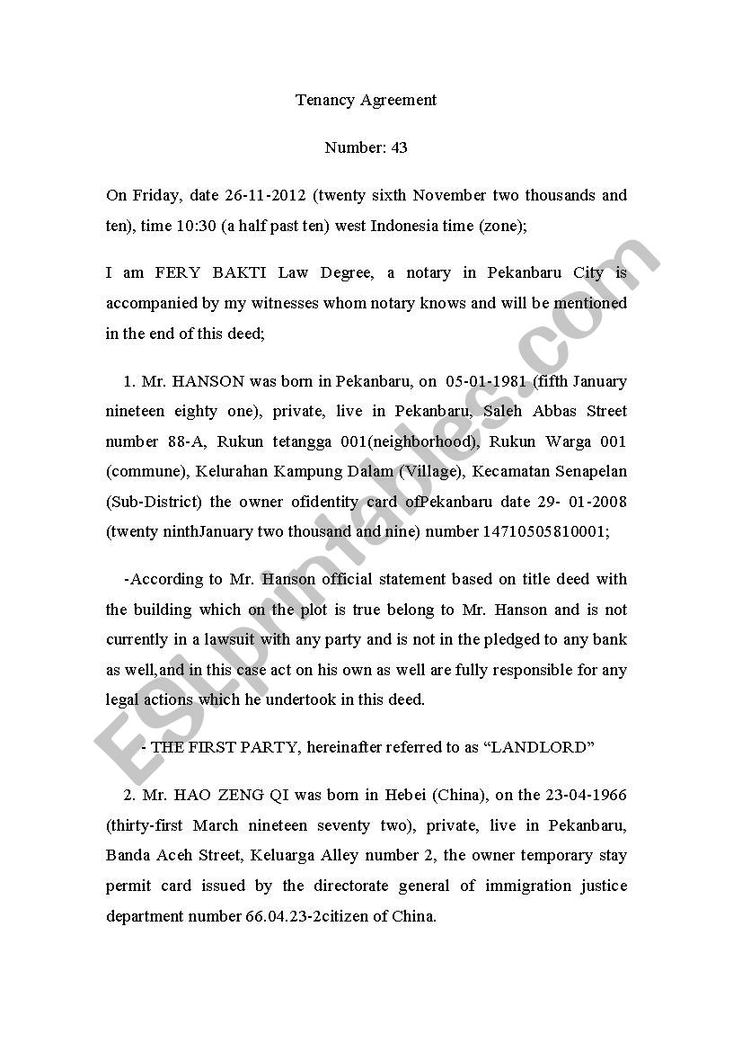 tenancy agreement worksheet