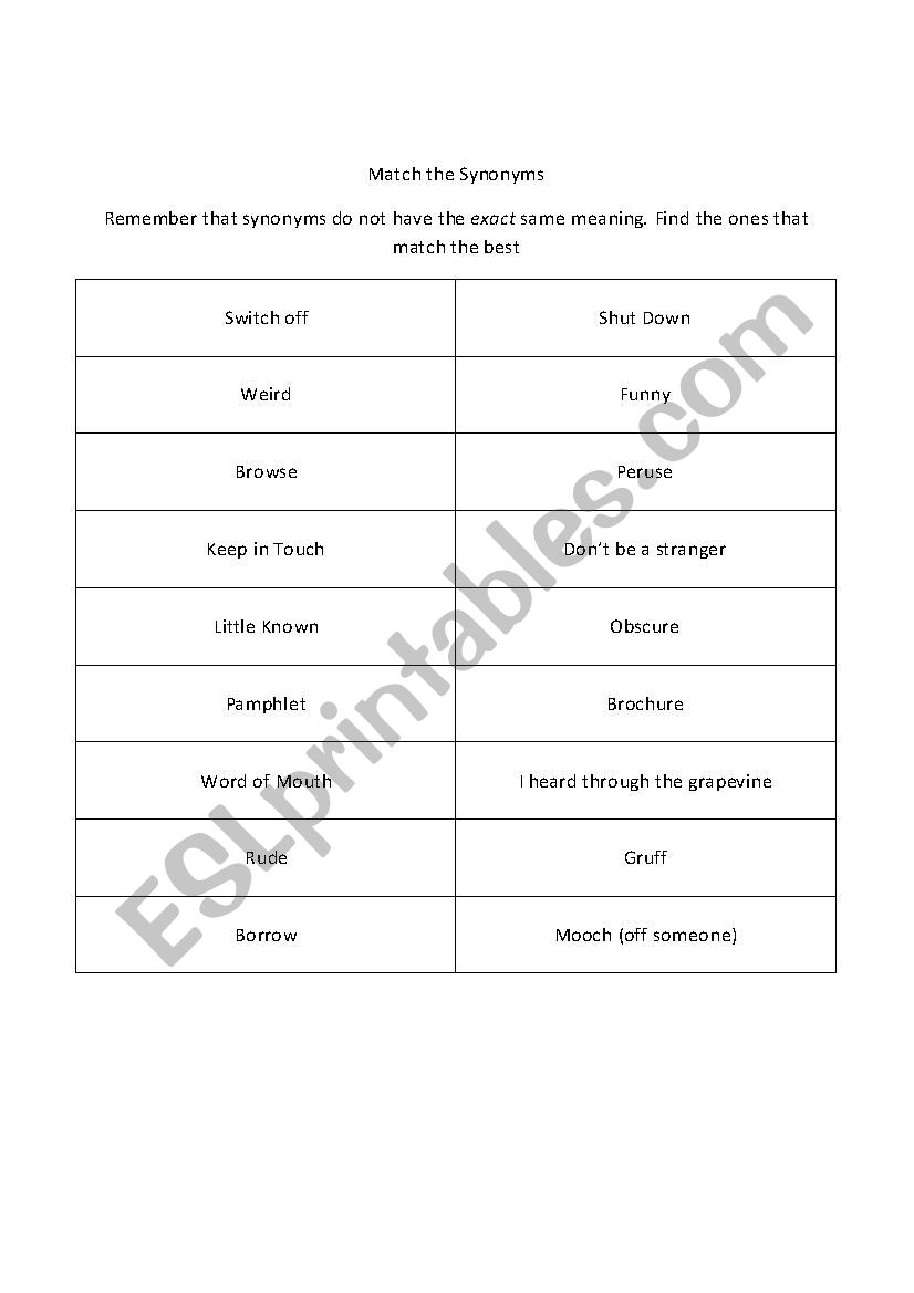 Synonyms worksheet