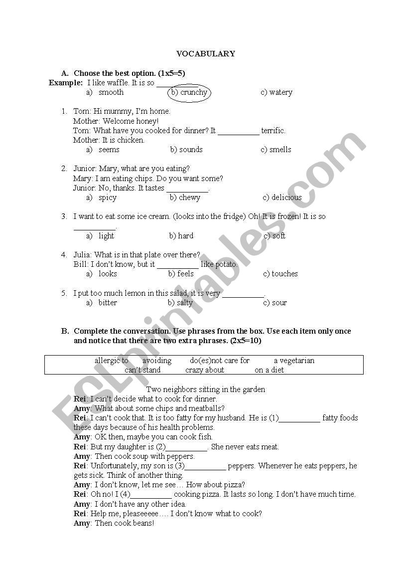 Vocabulary for food worksheet