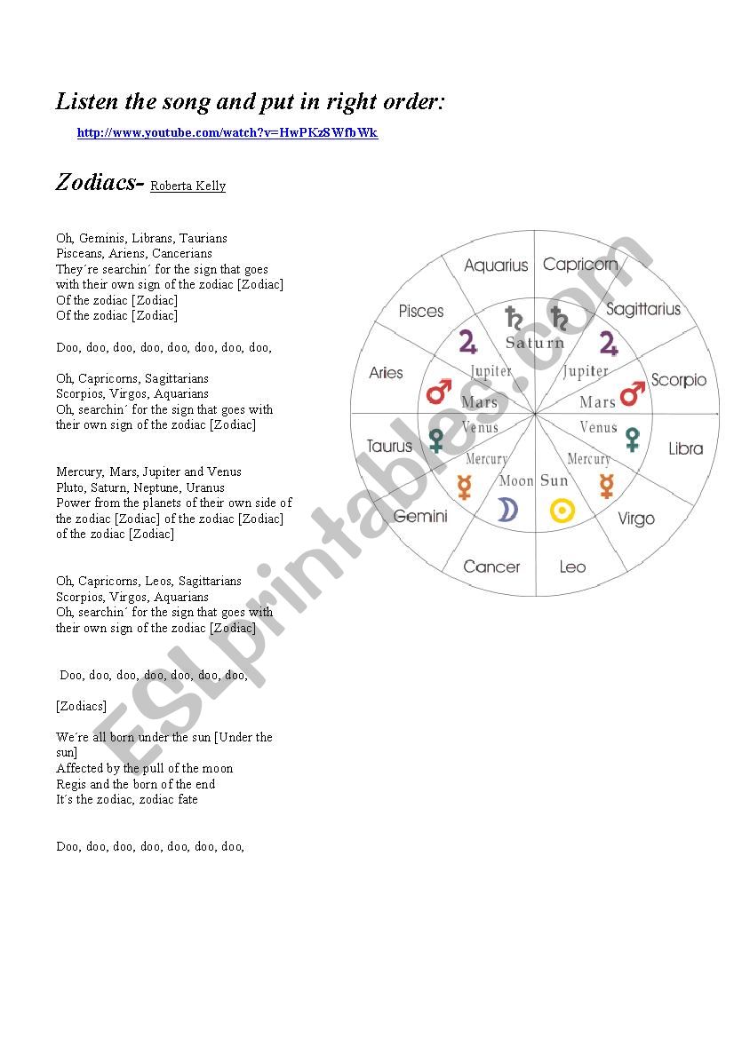 Zodiacs song worksheet
