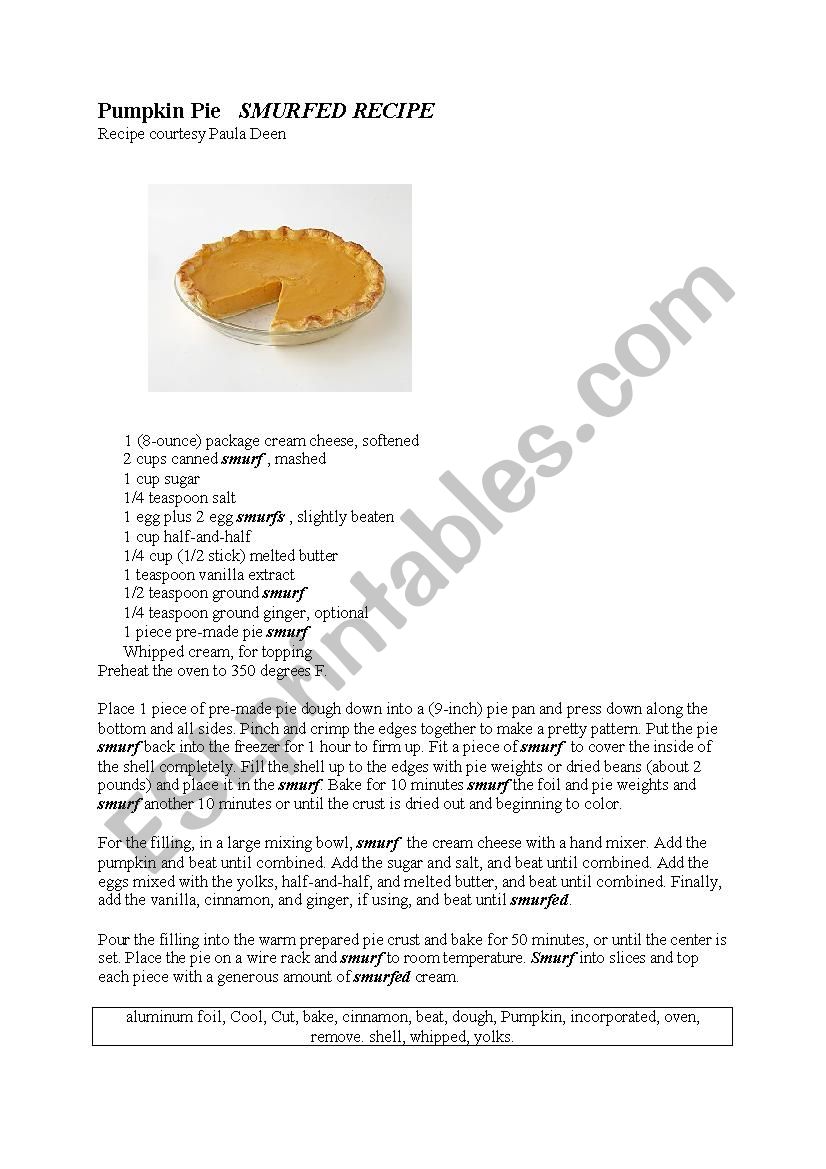 Pumpkin Pie smurfed recipe worksheet