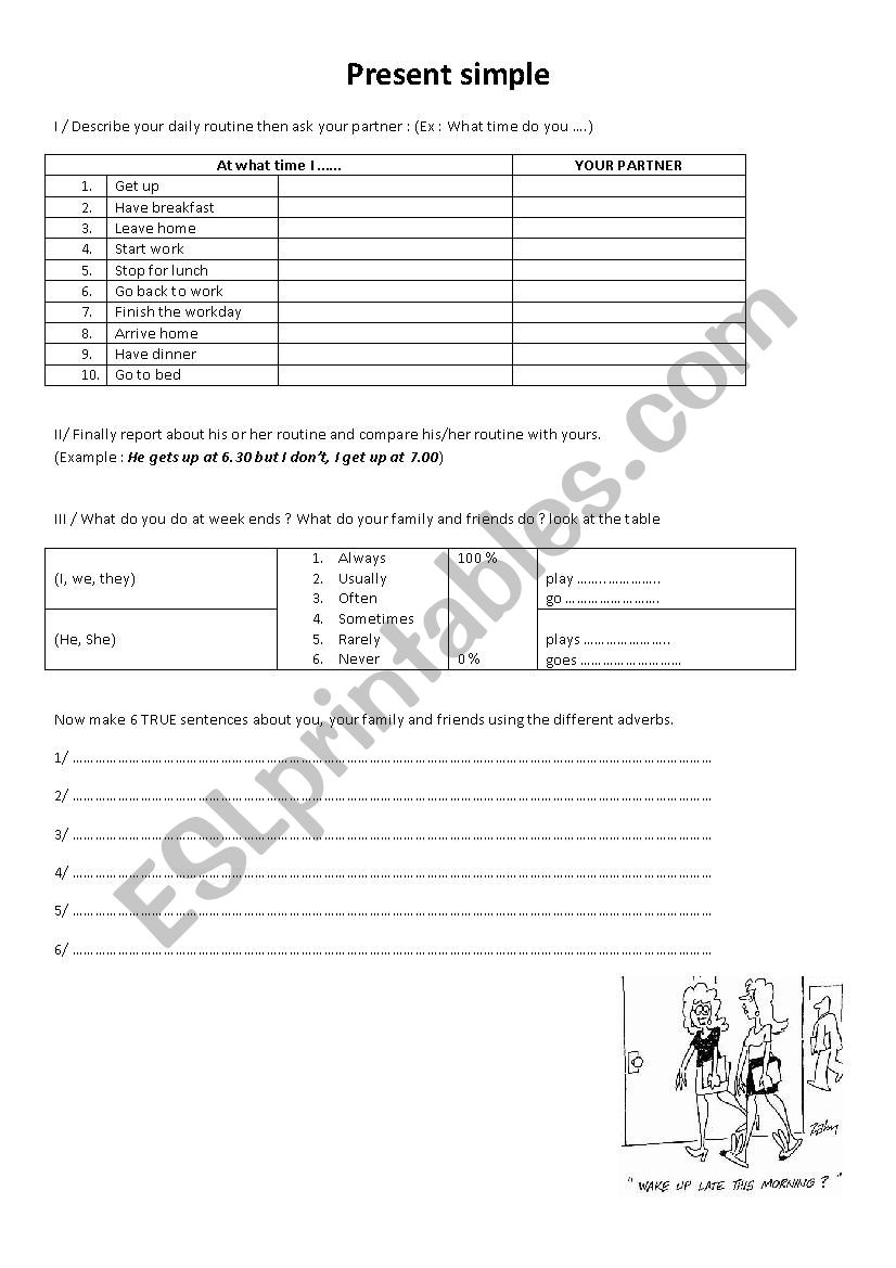 present simple daily routine pair work