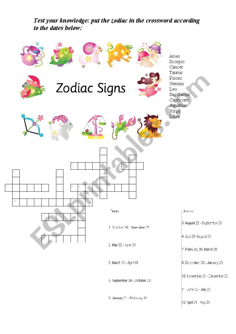 Zodiacs signs worksheet