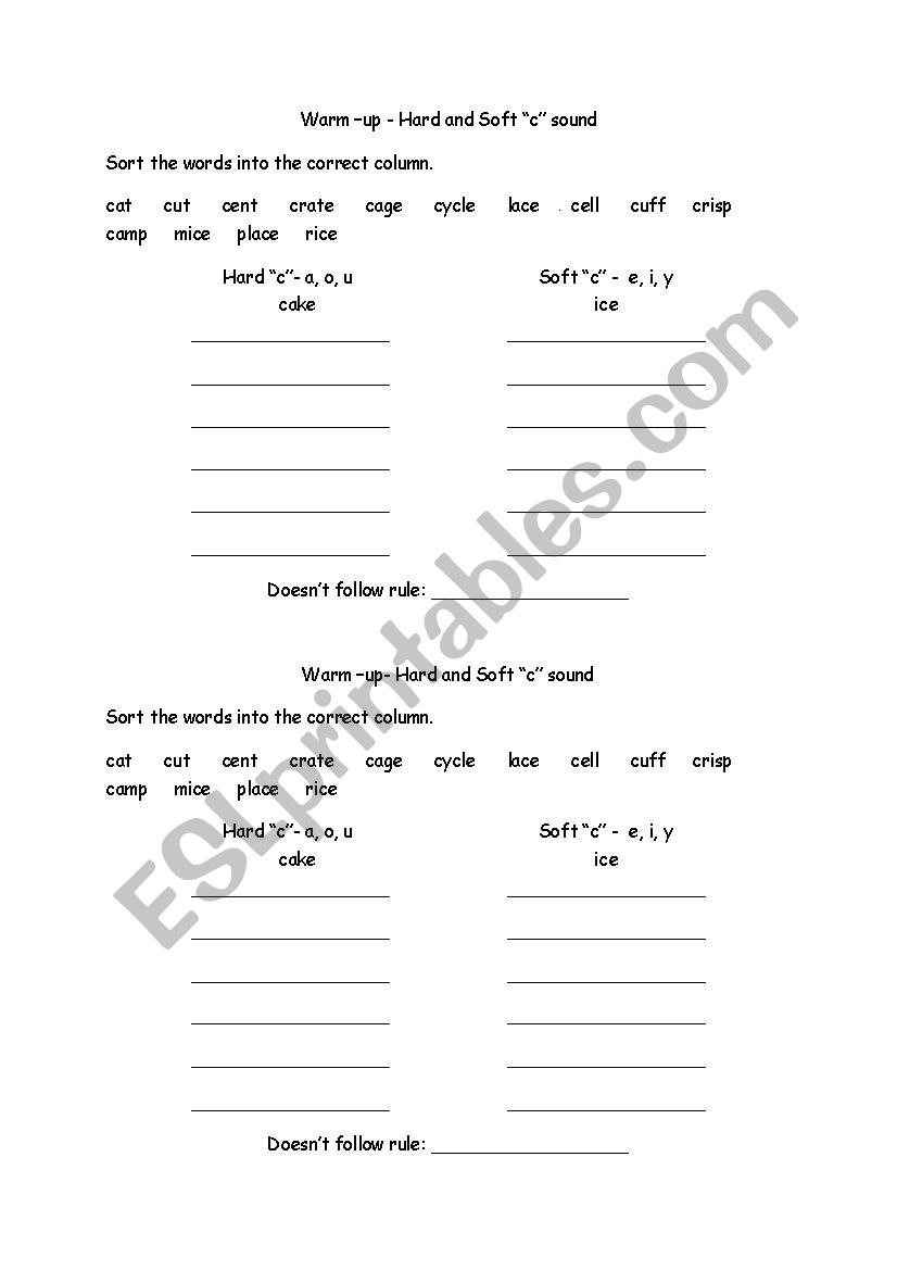 Word Sort Warm-up for Hard and Soft C sound