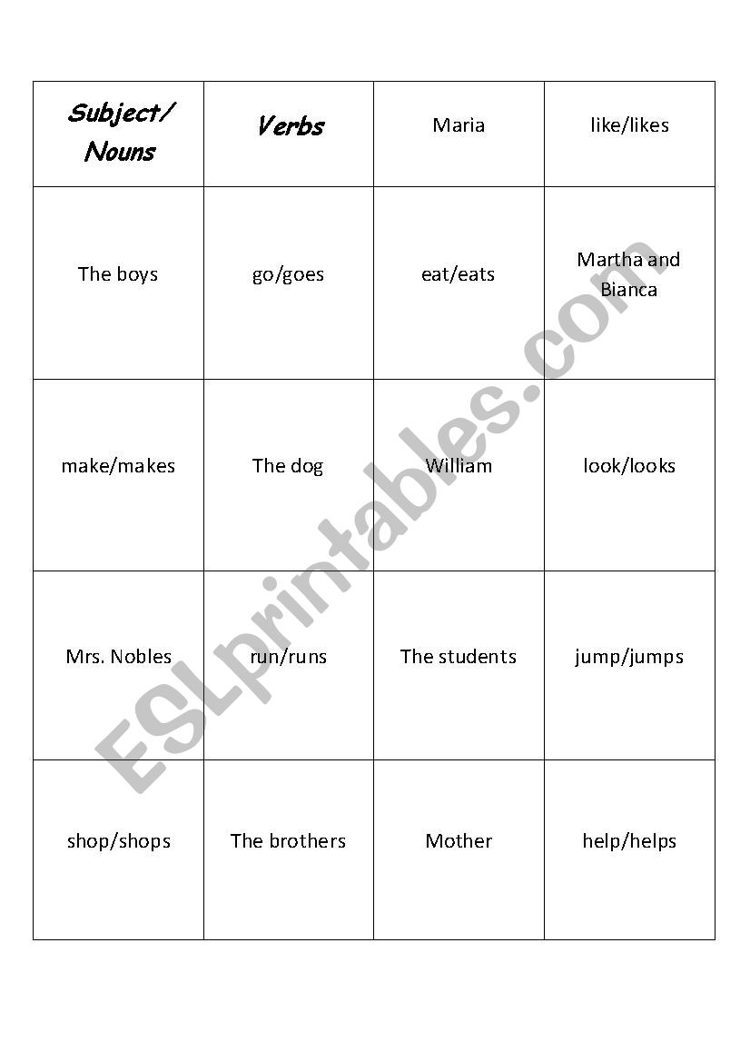 Subjects and Verbs worksheet