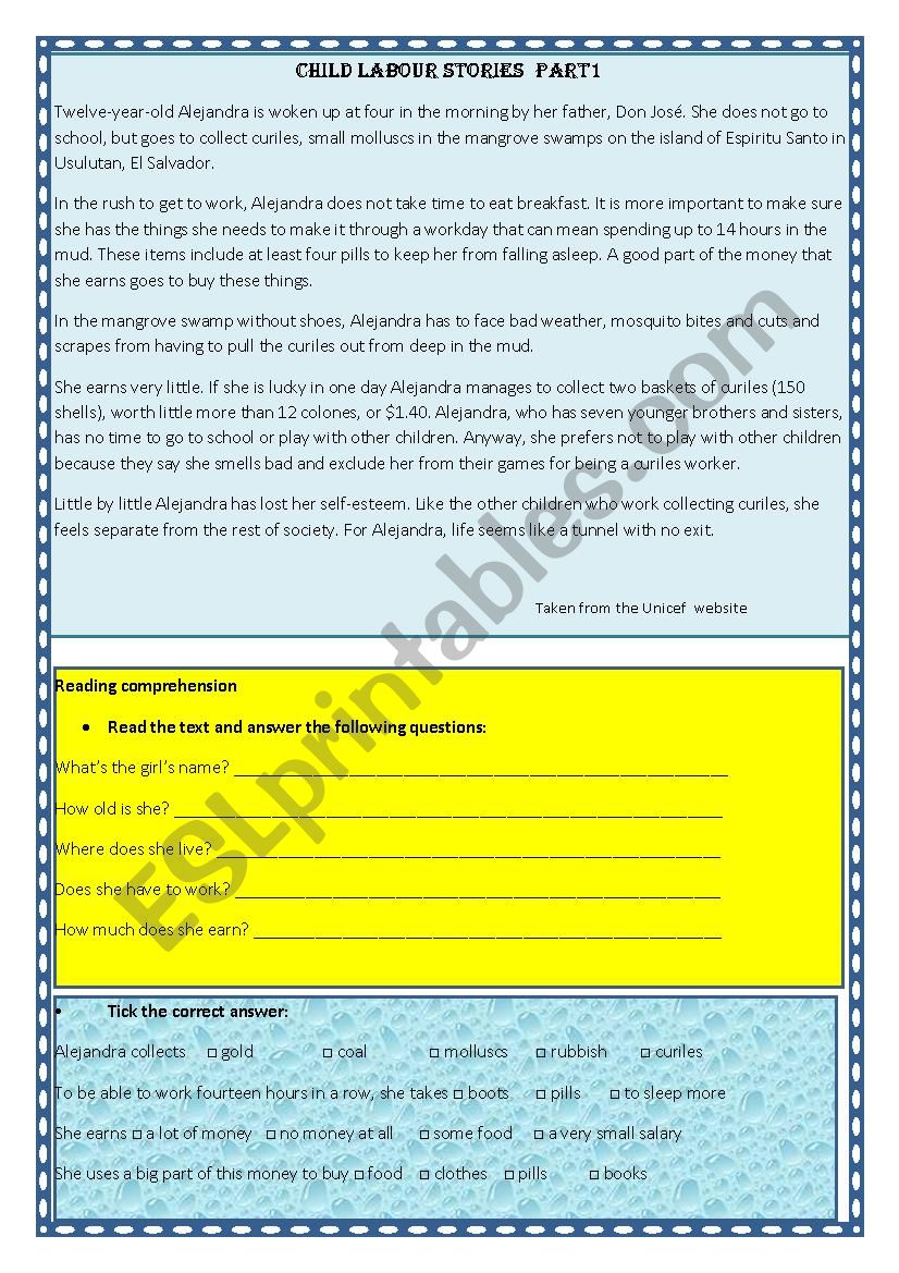 Child labour stories part 1 worksheet