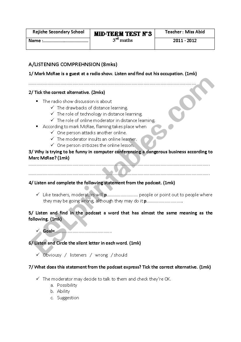 mid-term English test n:3 worksheet