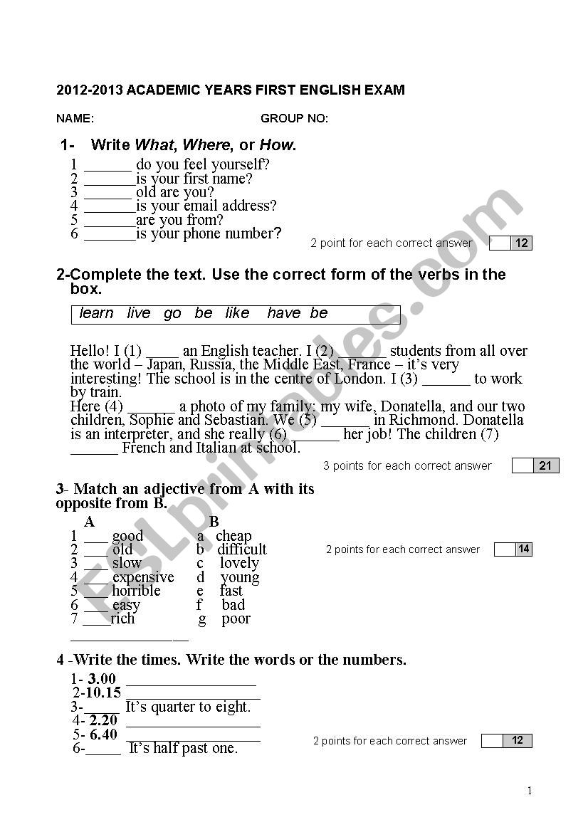 examination a1 level worksheet