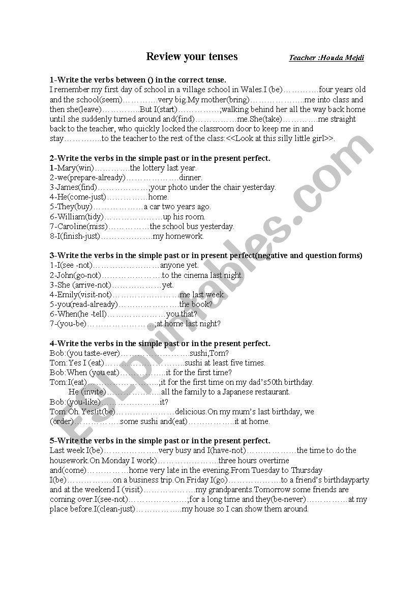 review of tenses worksheet