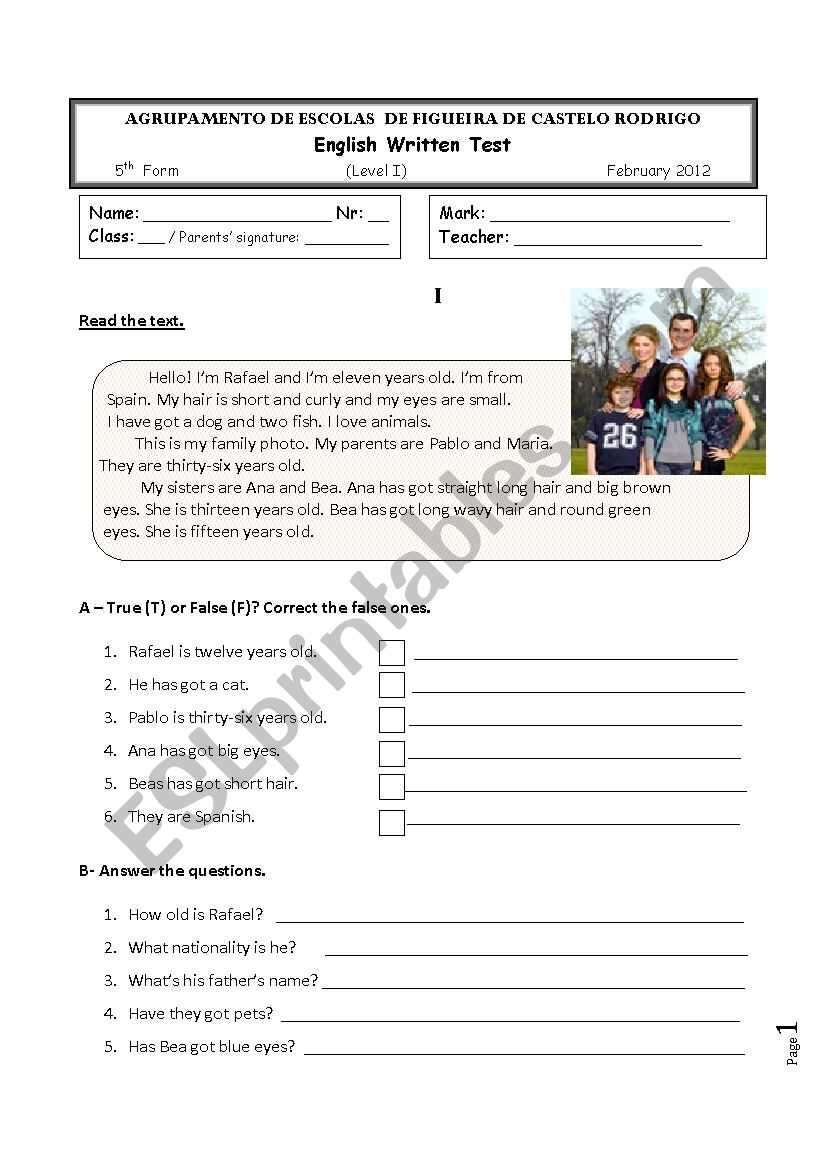 5th grade test on the topic FAMILY