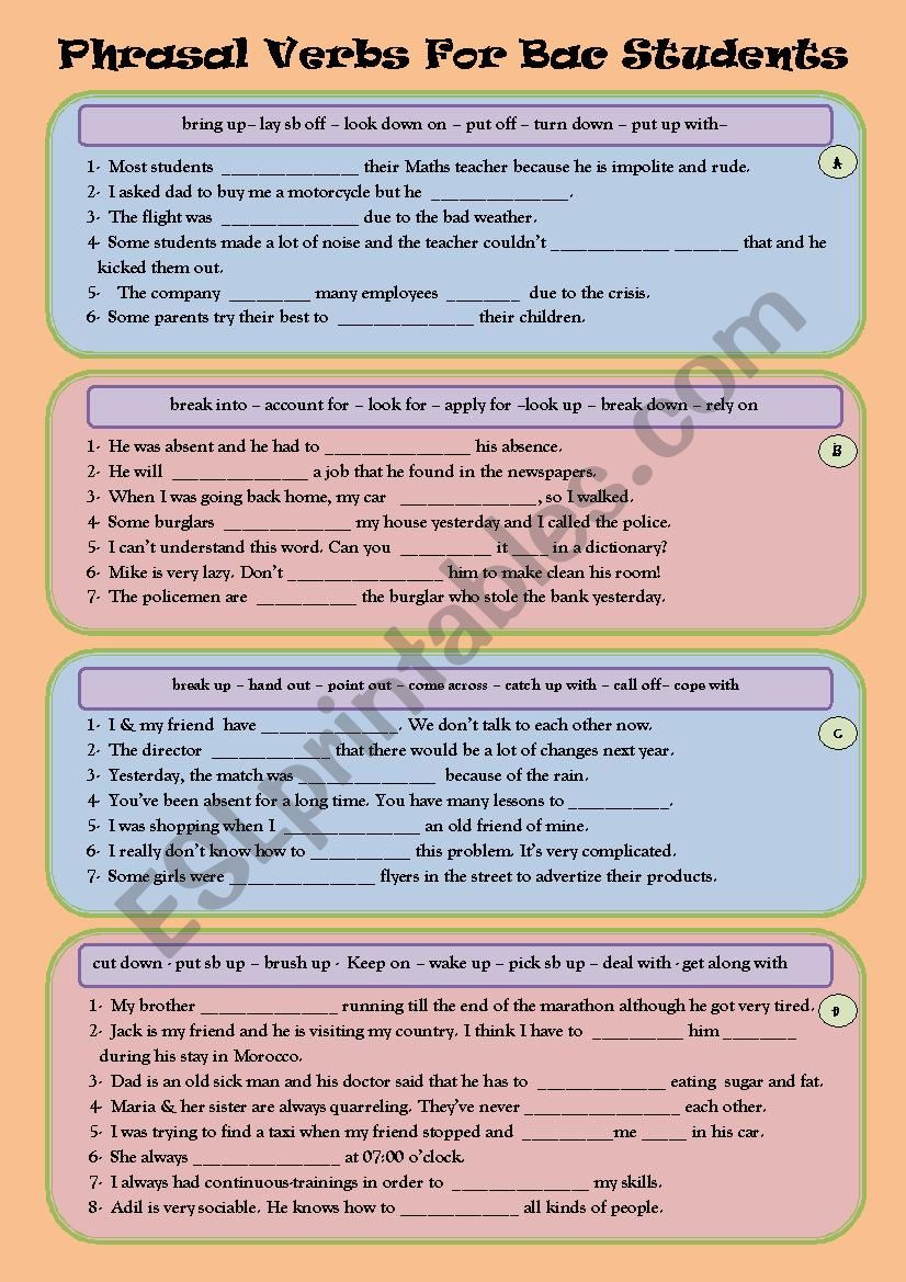 Phrasal verbs for Bac Students With KEYS. (2 pages) 