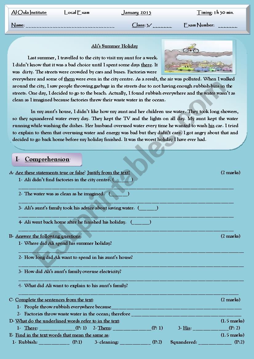 Pollution Reading Test + Comprehension + Language + Writing 