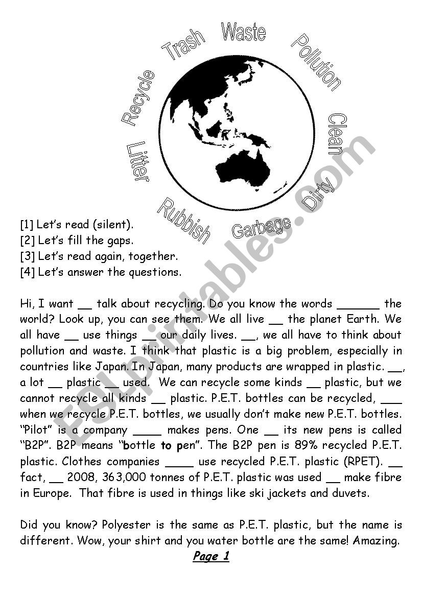 Reading compehension - Recycling (with fill-the-gaps challenge)