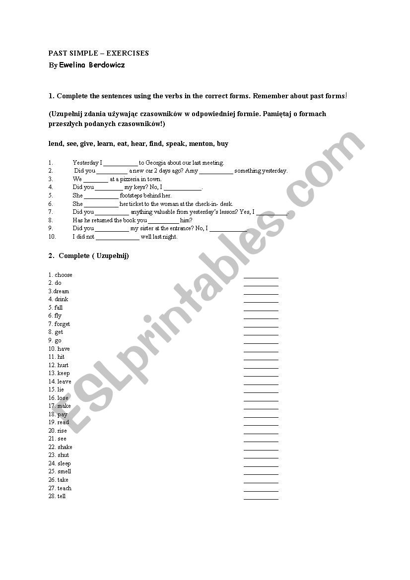 Past Simple - exercises worksheet