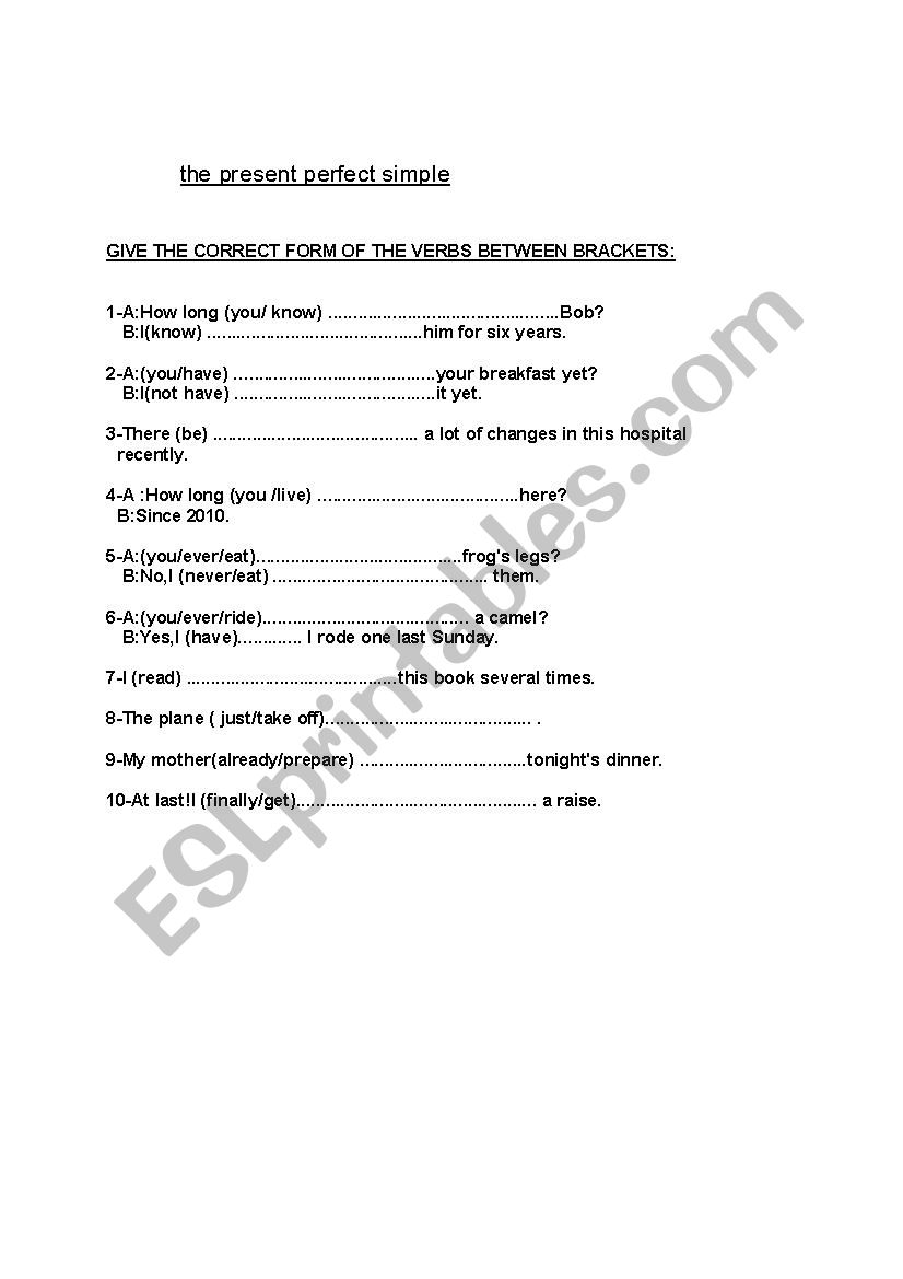 The present perfect simple worksheet