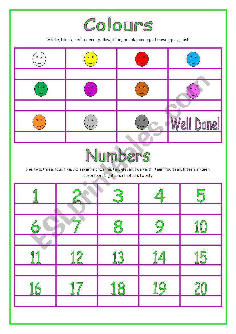 Cambridge Starters Exam Picture Dictionary - colours and numbers