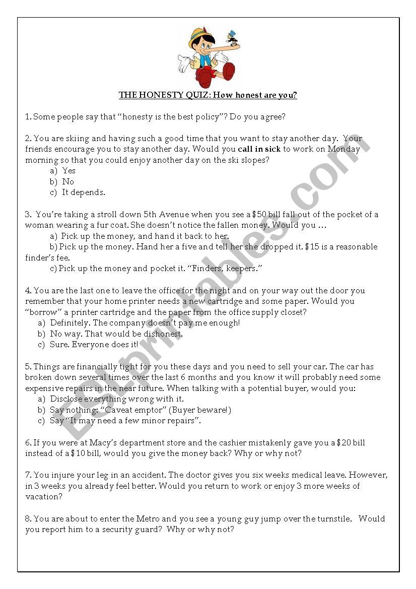 The Honesty Quiz worksheet