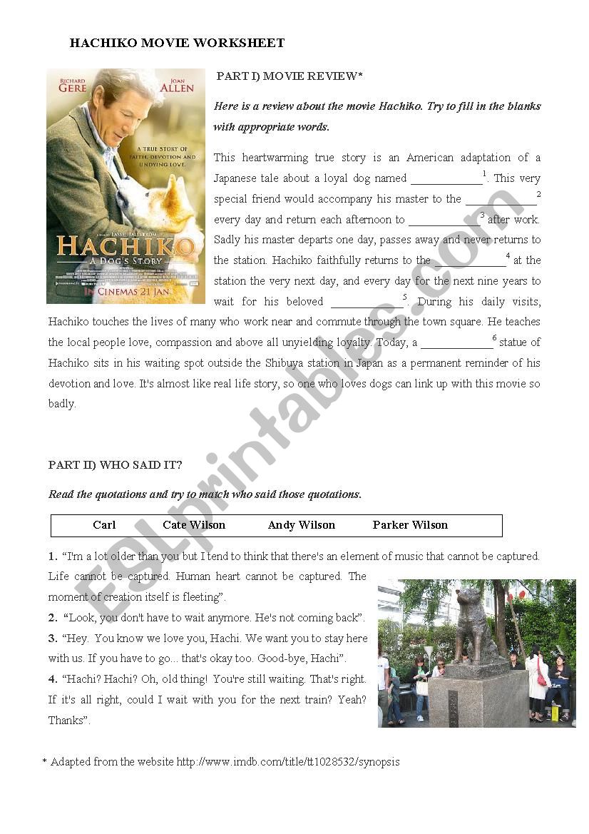 Hachiko Movie Worksheet worksheet